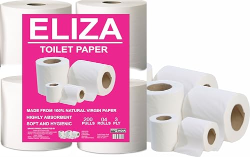 Image of Eliza Premium 3 Ply Toilet Disposable Roll Pack of 4, Toilet Paper, Toilet & Tissue Roll, Pack of Four Toilet Tissue Paper Rolls 200 Pulls Each- 9.8 x 10 cm