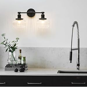 2 lights industrial glass wall sconces antique brass clear striped globe shade wall light fixture for bathroom vanity bedroom dining room living room farmhouse stairs  urban country home decor