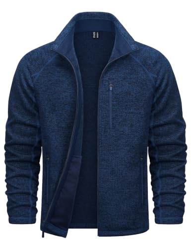 TACVASEN Men's Full Zip Fleece Jacket Light Weight Long Sleeve Sweatshirts with Pockets for Winter Hiking Casual Navy, L