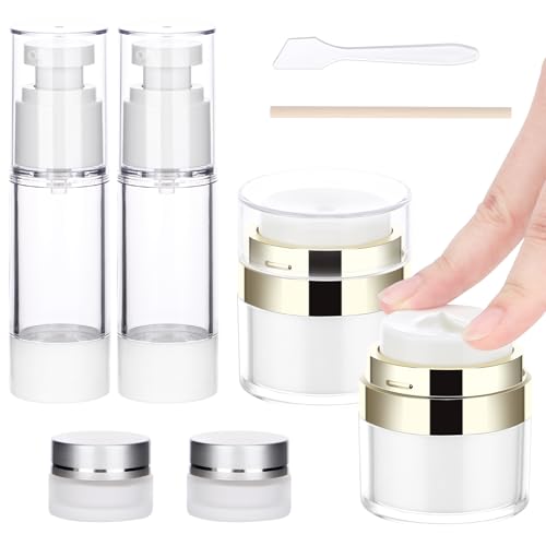 Segbeauty 2pcs 0.5oz/15ml Airless Pump Jars, 1oz/30ml 2 Pack Refillable Airless Pump Bottles, Pack of 2 Clear Plastic Container Jars with Lids, Vacuum Cream Jar Travel Container for Toiletries