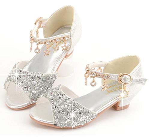 Gojerp Little Kids Girls Sandals Glitter Rhinestone Dress Pumps Sequins Princess Low Heels Party Dance Shoes (Silver, Numeric_1) #TOP3