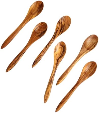 DYARI 6 Pieces Small Olive Wood Spoons - 6 inches long - Mini Hand Carved Non Toxic - Suitable for Small Jars of Jam - Coffee Spices Tea Sugar Spoon