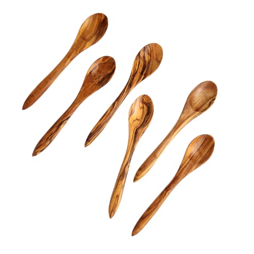 Dyari 6 Pieces Small Olive Wood Spoons - 6 Inches Long - Mini Hand Carved Non Toxic - Suitable For Small Jars Of Jam - Coffee Spices Tea Sugar Spoon #TOP1