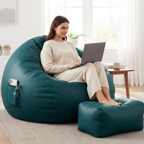 Image of Luxury 5XL Jumbo Bean Bag with Footrest & Cushion | Premium Leatherette | High-Density Beans Filled | Heavy Duty Double Stitch | 6 Months Warranty Color- (Navy Blue) (Teal)