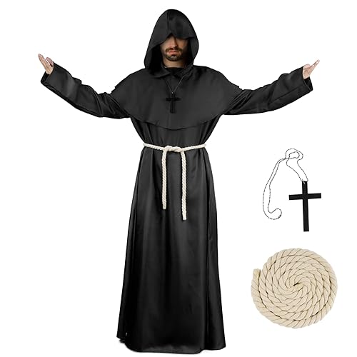 BOFUNX Disfraz de Monje Sacerdote Traje con Capucha Túnica Medieval Disfraces Cosplay de Halloween Carnaval para Adultos Hombres