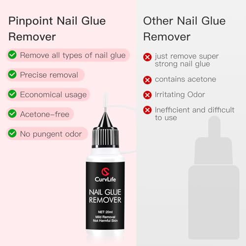 Image of Curvlife 20ml Pinpoint Nail Glue Remover for Press on, Multi-Functional Remover for Nails Tips, Gentle Glue Remover for Gel x Nails, Non-Acetone Nail Polish Remover | Multi-Functional Non-Acetone Gentle Nail Glue Remover for Nails Tips, Debonder for Glue on Nails, Regular Nail Polish