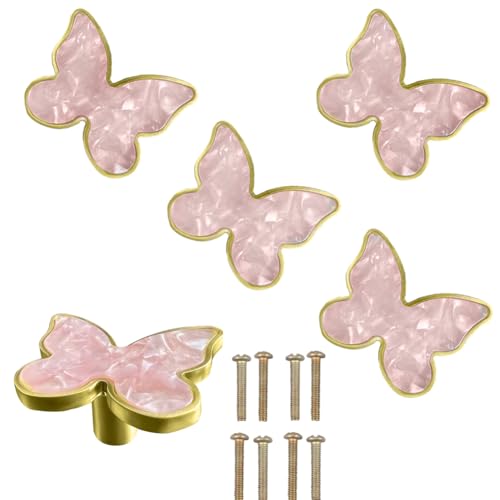 BAOTXHBR 6 pcs Butterfly Shape Knobs Handle Gold Cabinet Knobs Decoration Door Handle Single Hole Handles Cabinet Drawer Dresser Kitchen Wardrobe Furniture Hardware Pulls (Pink)