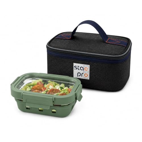 Image of Griplok Glass Lunch Box with Leakproof Lid 370ml, Borosilicate Food Storage Container with Silicone Sleeve, Airtight, Microwave /Dishwasher Safe (Forest Green)