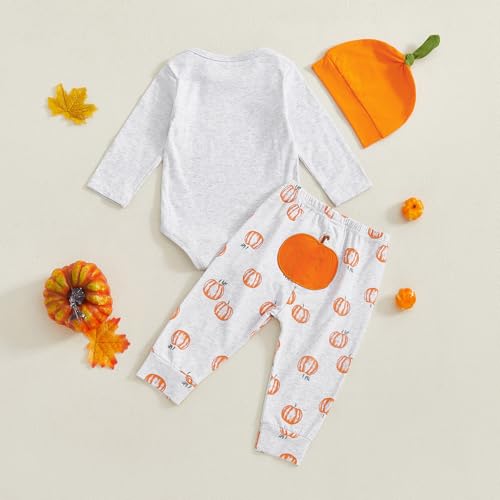 Newborn Baby Boy Pumpkin Outfit Fall Romper Bodysuit and Pants Set With Beanie Hat Halloween Thanksgiving Clothes4