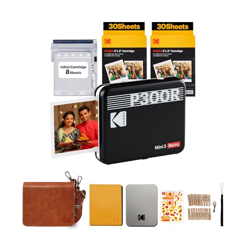 Image of Kodak Mini 3 Retro 4PASS Portable Photo Printer (3x3 inches) + 68 Sheets Gift Bundle, Black