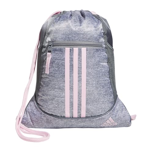 Image of adidas Alliance Sackpack DISCONTINUED, Jersey Grey /Clear Pink /Grey, One Size, Alliance Sackpack (12l) Lightweight Athletic Small Drawstring Team Sports Workout Bag Discontinued