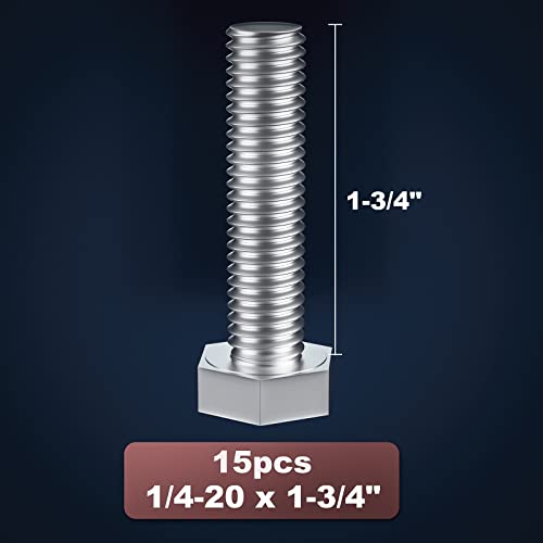 Image of 1 /4-20 x 1-1 /4 inch (5 /8 to 5 inch Optional) Hex Head Screw Bolt, Stainless Steel 18-8(304), Fully Threaded,15pcs