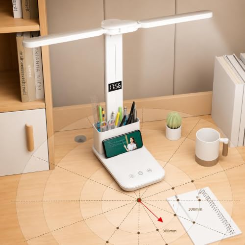 Image of DRAYA DEAL'S SmartTwin Pro Design Rechargeable LED Table Lamp Dual Arm Desk Light with Fan & Phone Holder Touch Control Dimmable Study Lamp 2400mAh Battery USB Powered (White)