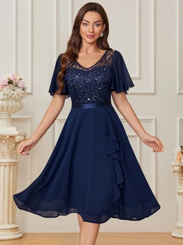 Miusol Women's Sequin Lace V Neck Ruffle Style Cocktail Party Chiffon A-line Dress4