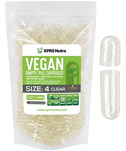 Image of XPRS Nutra Size 4 Empty Capsules - 1000 Count Small Clear Empty Vegan Capsules- Vegetarian Pills - DIY Vegetable Capsule Filling - Fillable Do-It-Yourself Veggie Caps for Supplements