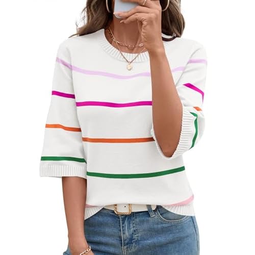 LOMON Womens Sweaters Casual Fall 2025 Crew Neck Striped 3/4 Sleeve Lightweight Knit Trendy Pullover Sweater Tops S-XL