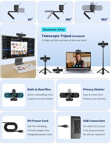 Image of Pro HD 1080p /30fps Webcam with Tripod, External USB Camera for PC /Laptop | Dual noise-cancelling mics | Auto-focus | Wide-angle | Low-light correction | 360 rotation | CMOS sensor | Plug and Play