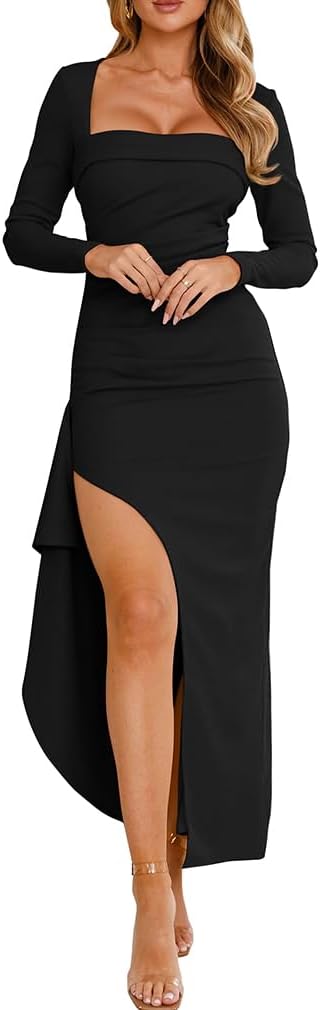 XXTAXN Women’s Formal Bodycon Square Neck Long Sleeve Wedding Guest Party Slip Fitted Midi Dress