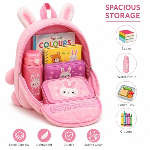 Image of Cartoon Plush Kids School Bag 2-6 Years | Soft Toy Backpack for Boys & Girls | Toddler Nursery Preschool Bag | Lightweight Adjustable Straps