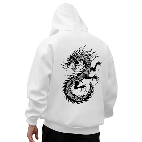 RUMAOZIA Winter Pullover Men's Warm Oversize Dragon Print Pullover Sweatshirt with Hood Back Print Long Sleeve Hoodie with Drawstring Pocket Men Winter Casual Hoodie Hoodies, White, S