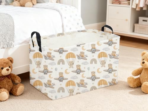 Image of Sanjiaofeng Rectangular Kids Basket Bear Storage Bins,Cute Storage Basket with Handles.Clothers,Books,Kid's Gifts Bins. (Airplane Bear)
