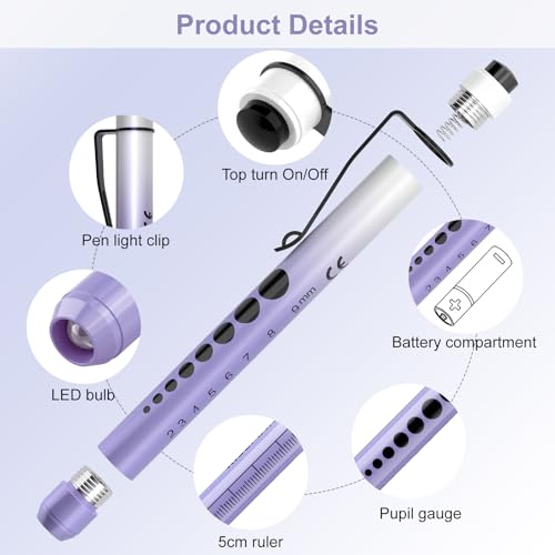RISEMART Pen Lights for Nurses, 2Pack Reusable Medical Pen Light with Pupil Gauge and Ruler, White Light LED Penlight for Nurse Student Doctors EMT (Gradient Pink/Purple) - Thumbnail 5