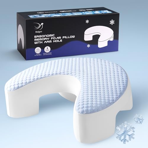 Baigee Side Sleeper Pillows for Adults, Ergonomic Memory Foam Pillow with Arm Hole Cooling Cervical Neck Pillow for Relieving Neck, Shoulder,and Knee Pain(Blue,17.1