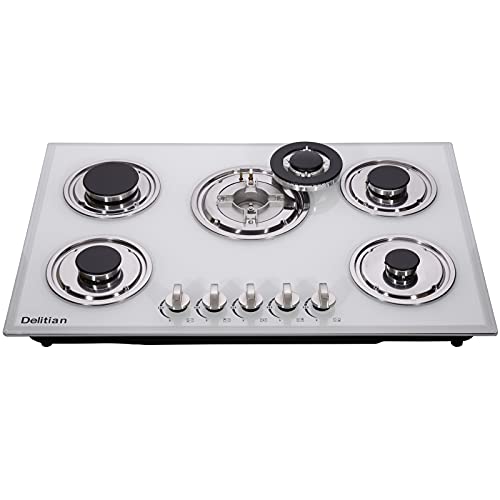 30 Inch Gas Cooktop Dtw5701 White Tempered Glass Gas Stovetop, 5 Gas Burners Lpg/Ng Convertible Gas Stove Thermocouple Protection Gas Hob #TOP3