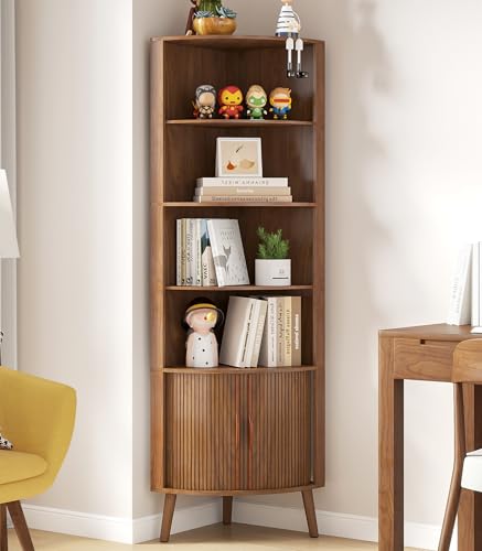 Limaoaio 5-Tier Corner Shelf, 66.73''Tall Modern Corner Bookshelf, 5 Shelf Bookcase with 2 Fluted Doors, Freestanding Wood Corner Display Storage Shelf Organizer for Living Room, Office (Walnut)
