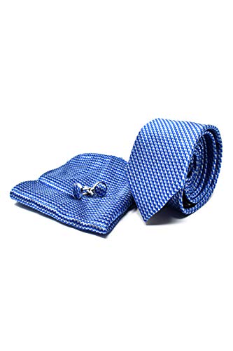 Corbata de hombre, Pañuelo de Bolsillo y Gemelos Azul a Rayas - 100% Seda - Clásico, Elegante y Moderno - (Caja y Conjunto de Regalo, ideal para una boda, con un traje, en la oficina...)