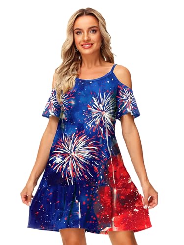Image of Deerose Womens 4th of July Dresses Cold Shoulder American Flag Tie Dye A-Line Dress with Pockets