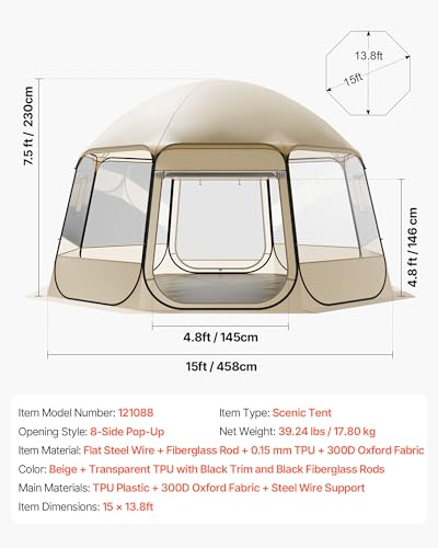 VEVOR Pop-up-Bubble-Zelt, 458 x 432 x 230 cm, transparentes Campingzelt, Garten-Kuppel-Iglu-Zelt mit Fenstern, Sportzelt, 540°-Panoramablick, für 12–15 Personen, Terrasse, Hinterhof