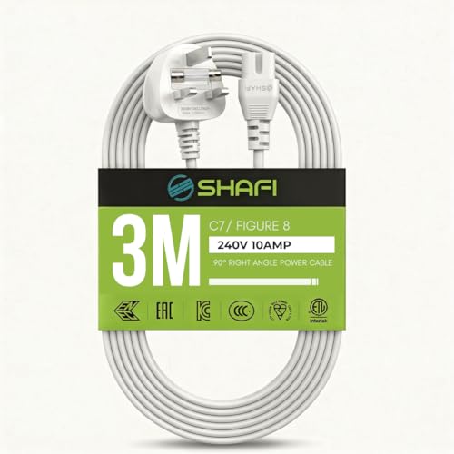 SHAFI® 3-Meter Figure 8 Power Lead - Certified 2-Pin IEC-C7 to 3-Pin Plug UK 3A Fuse 0.75mm² - AC Mains Power Adapter Charger Cord - TV Cable Compatible for Samsung LG Sony PlayStation PS5-3M