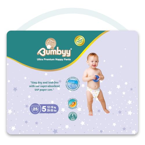 Baby Nappies Pull Ups Size 5 Bumbyy 25 Pack – Ultra-Absorbent Leak-Proof Nappy Pants for Sensitive Skin, Hypoallergenic & Dermatologically Tested with Soft Breathable 12hr Dry Protection