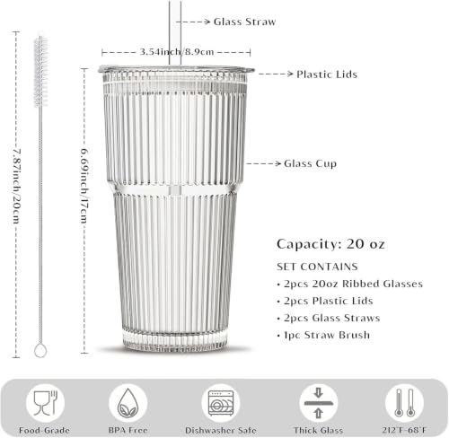 Image of FUNKYFINDS Coffee Glass Mug Sipper with Straw and Lid 2 pcs -600ml -for Smoothie, Water, Juice, Drinks, Lemon Soda, Beer Drinking Glasses, Iced Coffee and Tea Cups with Straw