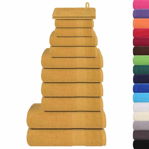 Teenpull 12-TLG. Handtuch-Set FROGN Gold aus 100% Baumwolle 360 g/m² mit Waschlappen Duschtuch Gästetuch, saugstark, weich, frottiertuch für Badezimmer Spa Wellness Alltag