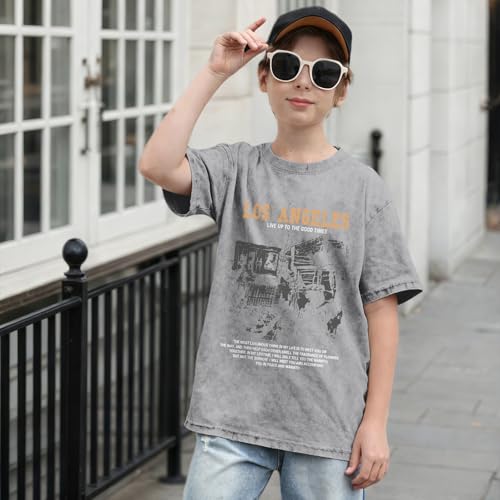 Image of Oversized Boys Graphic Tees Acid Wash Los Angeles Tshirt Youth Cotton T Shirt Crewneck Tee Kids Short Sleeve Tops