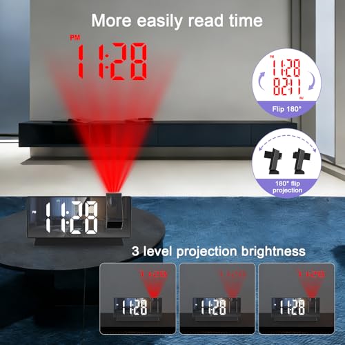Projection Alarm Clock, Large Screen Projector Clock for Bedroom Ceiling, Digital Clock with 180° Projector, 4 Levels Brightness, Alarm Clock Projector with Temperature Date Snooze 12H/24H - Image 3