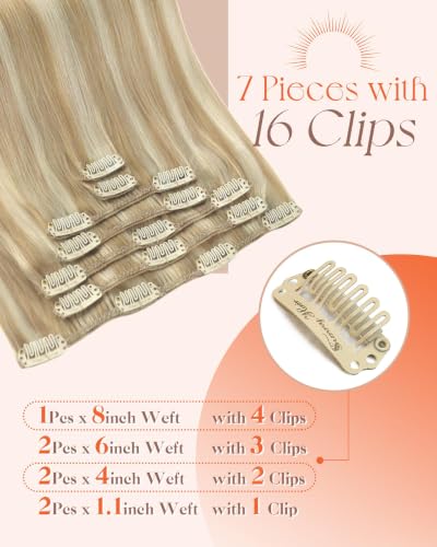 Image of Sunny Hair Clip in Hair Extensions Real Human Hair Blonde Highlights 120g | Remy Hair Extensions Clip in Honey Blonde Give Enhanced Body, Defined Tips and Lustrous Texture for Weekend Brunch 14 Inch