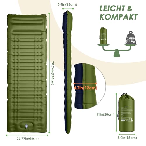 Arlierss Isomatte Selbstaufblasend, 12CM Dicke Luftmatratze Camping mit Fußpresse Pumpe und Kissen, Anti-Ripstop Tragbar Schlafmatte Outdoor für Wandern, Strand – Bild 4