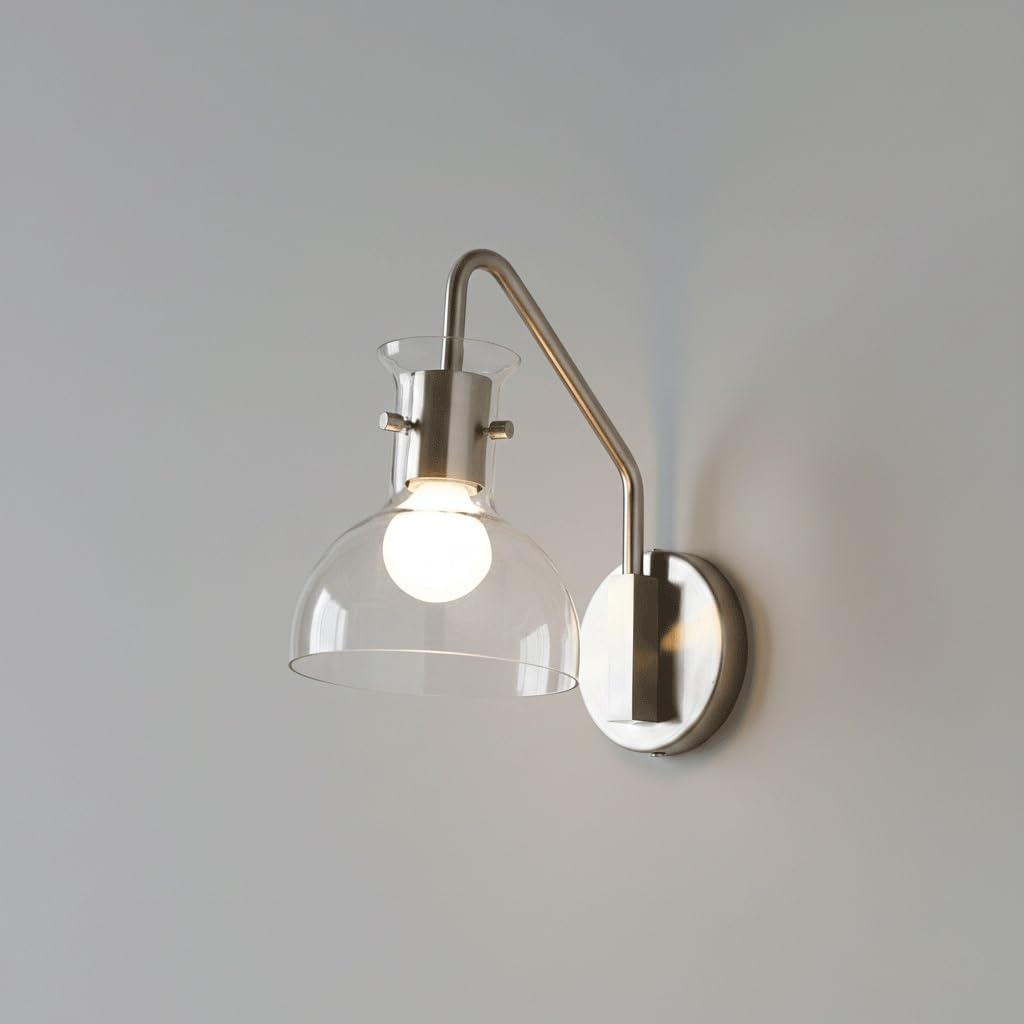 IvyLoutish Modern Industrial Brushed Nickel Wall Sconce, Clear Glass Funnel Shade E27 Hardwired Single Light Fixture, Minimalist Iron Accent Lamp for Bedroom, Living Room, Hallway, Foyer