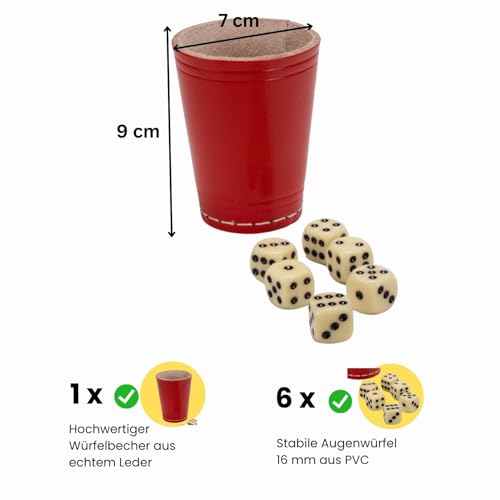 GICO Qualitäts Würfelbecher (echt Leder) Standard (9 cm) ROT mit 6 Würfeln - 5903