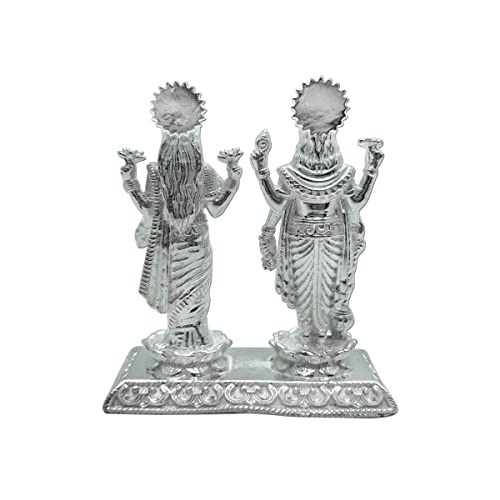 Image of MAA SILVER Pure Silver Vishnu Narayan & Lakshmiji Jodi BIS Hallmarked Solid Idol /Murti on Lotus Kamal & Rectangle Base Perfect for Gifting & Pooja Use (925 Purity)(138 Grams Silver)