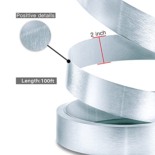Image of Silver Edge Banding, Brushed Aluminum 2 inch x 100ft Non Glued Flexible Durable Real Wood PVC Veneer Edge Trim for DIY Table Cabinet Furniture Decorative Trim