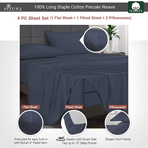 Pizuna Cotton Percale Double Bed Sheet Set Dark Blue - Image 3