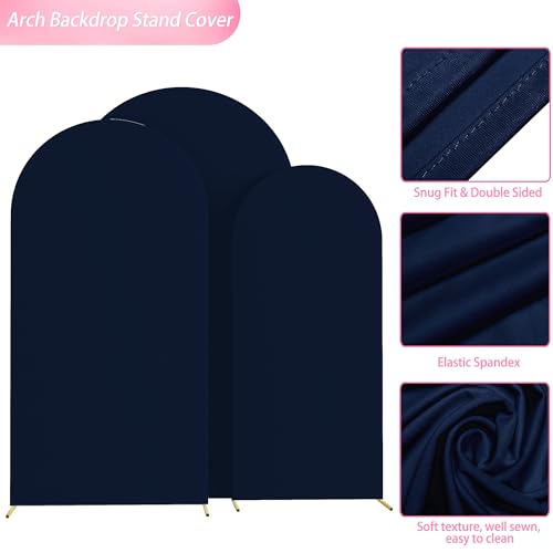 Image of Wokceer Wedding Arch Backdrop Cover 7.2FT, 6.6FT, 6FT Set of 3 Spandex Fitted Navy Blue Arch Covers for Round Top Chiara Arch Backdrop Stands Cover for Birthday Party Ceremony Decor