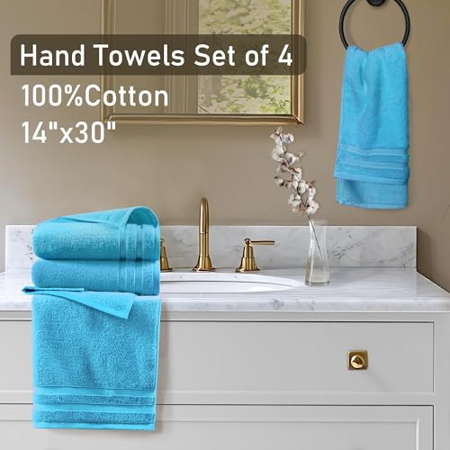 Image of Turquoise Hand Towels, Bathroom Hand Towels Set of 4 ,14 inchx30 inch - 100% Cotton | Lightweight | Thick 480GSM | Soft | Absorbent, Fluffy Towels Decorative Set, Bathroom & Kitchen Essentials, Turquoise Blue
