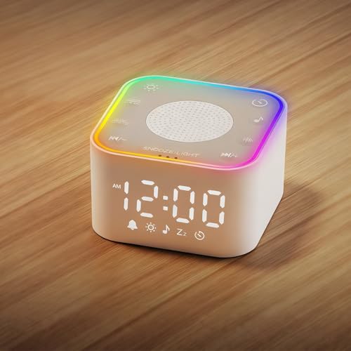 Máquina de ruido blanco con despertador digital y 30 sonidos de sueño no repetitivos. Despertar natural con volumen ajustable y luz nocturna de 7 colores, función de memoria, temporizador de sueño