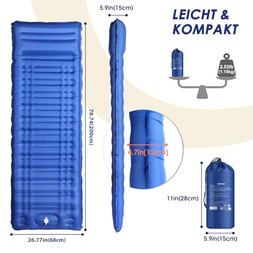 Arlierss Isomatte, 12CM Dicke Luftmatratze Camping mit Fußpresse Pumpe und Kissen, Anti-Ripstop Tragbar Schlafmatte Outdoor für Wandern, Reise, Strand-Blau