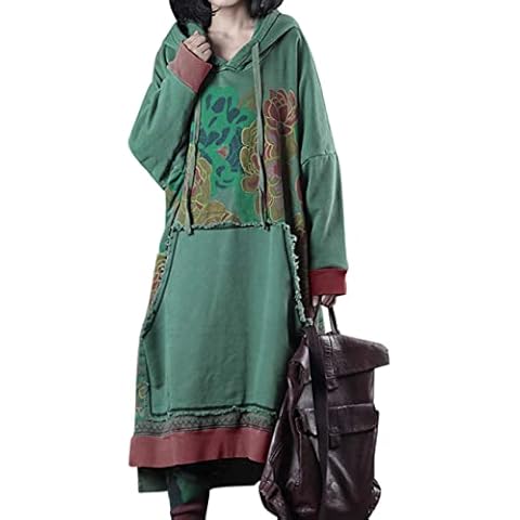 YESNO Women Long Casual Hooded Sweatshirt Dress Ethnic Floral Print Color Block Hemline/Kangaroo Pocket JFD (One Size (L-2XL), JFD Green) Cover